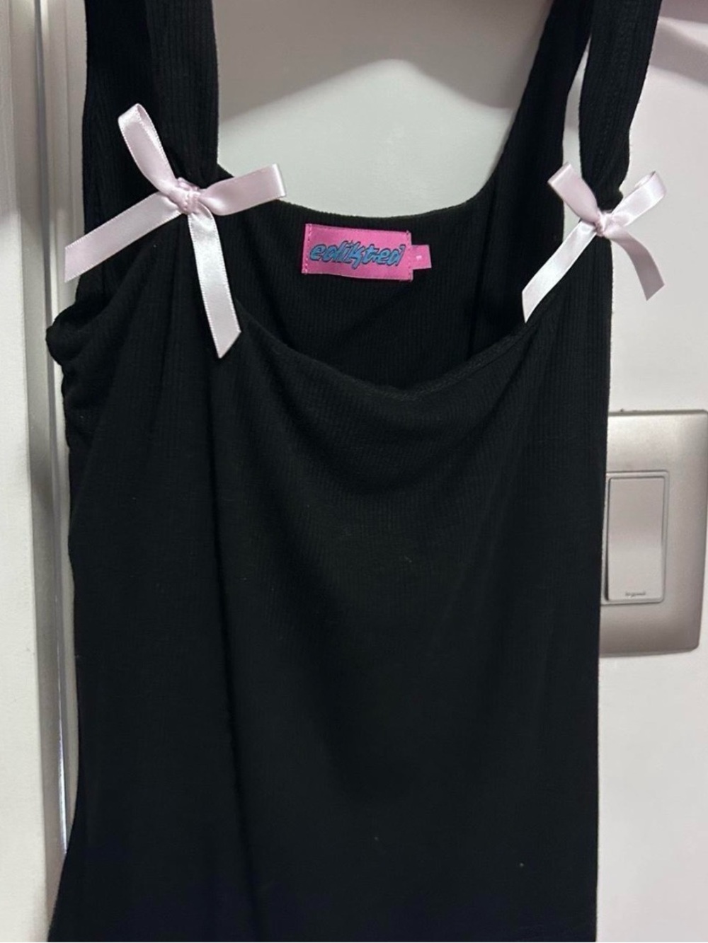 Edikted Black Ribbed Tank with Pink Strap Bows